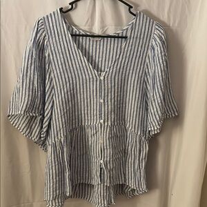 Cato Blue and White Striped V-Neck Blouse